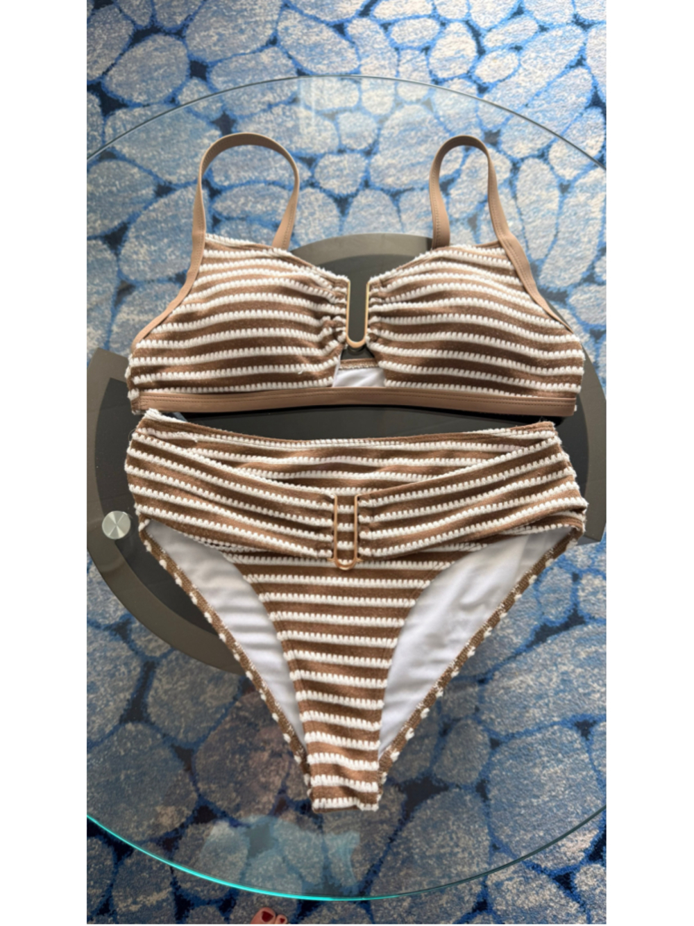 Women's High Waisted Striped Bikini Set Brown White Size L